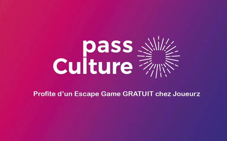 Illustration simple de l'article sous forme de diapositive avec une phrase invitant à utiliser son pass Culture pour payer son escape game chez Joueurz et fond de couleur violet en dégradé.