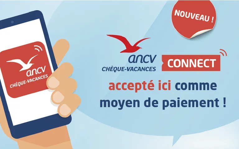 Illustration de la publication sous forme de dessin aux lignes simples. Une main tenant un smartphone affichant le logo de ANCV Connect et un petit texte mentionnant que le chèque ANCV Connect est accepté chez Joueurz.