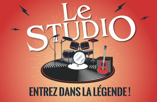 Promotional image for Le Studio de Joueurz escape game. It shows a scene in the form of a vinyl disc on which are a drum kit and a guitar with its amplifier.