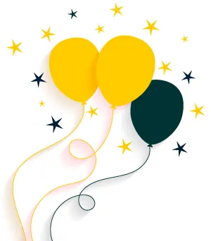Illustration très simple où sont dessinés trois ballons gonflables entourés de petites étoiles jaunes et noires