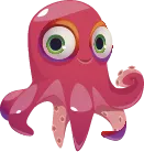 illustration of a pink baby octopus with big eyes looking to the left