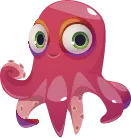 illustration of a pink baby octopus with big eyes looking to the right