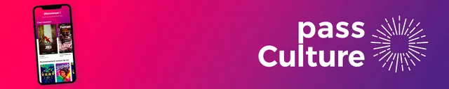 Bannière de promotion de l'application "pass Culture" avec son logo en forme d'étoile et un mobile sur dégradé linéaire du rose vers le violet