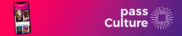 Bannière de promotion de l'application "pass Culture" avec son logo en forme d'étoile et un mobile sur dégradé linéaire du rose vers le violet