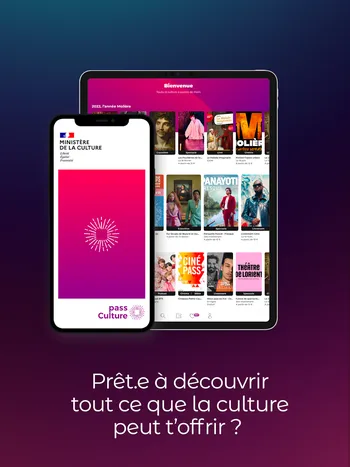 Flyer de promotion du pass Culture avec une vue de l'application sur mobile et tablette